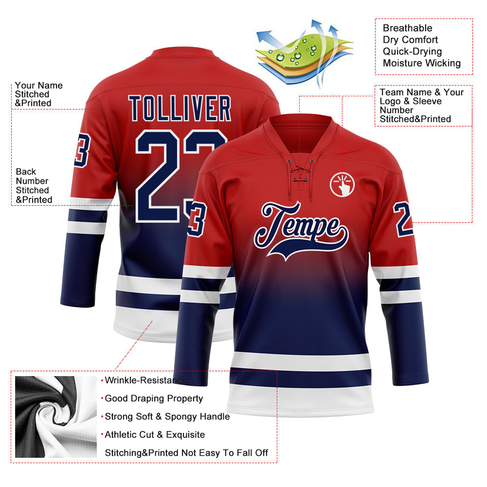 Custom Red Navy-White Fade Fashion Hockey Lace Neck Jersey view 5