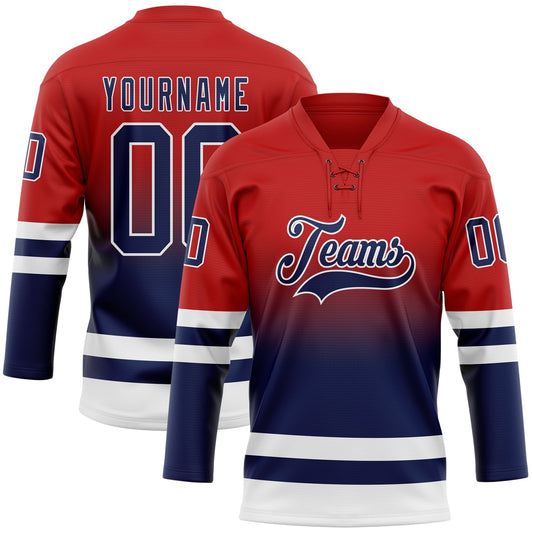 Custom Red Navy-White Fade Fashion Hockey Lace Neck Jersey - Main View