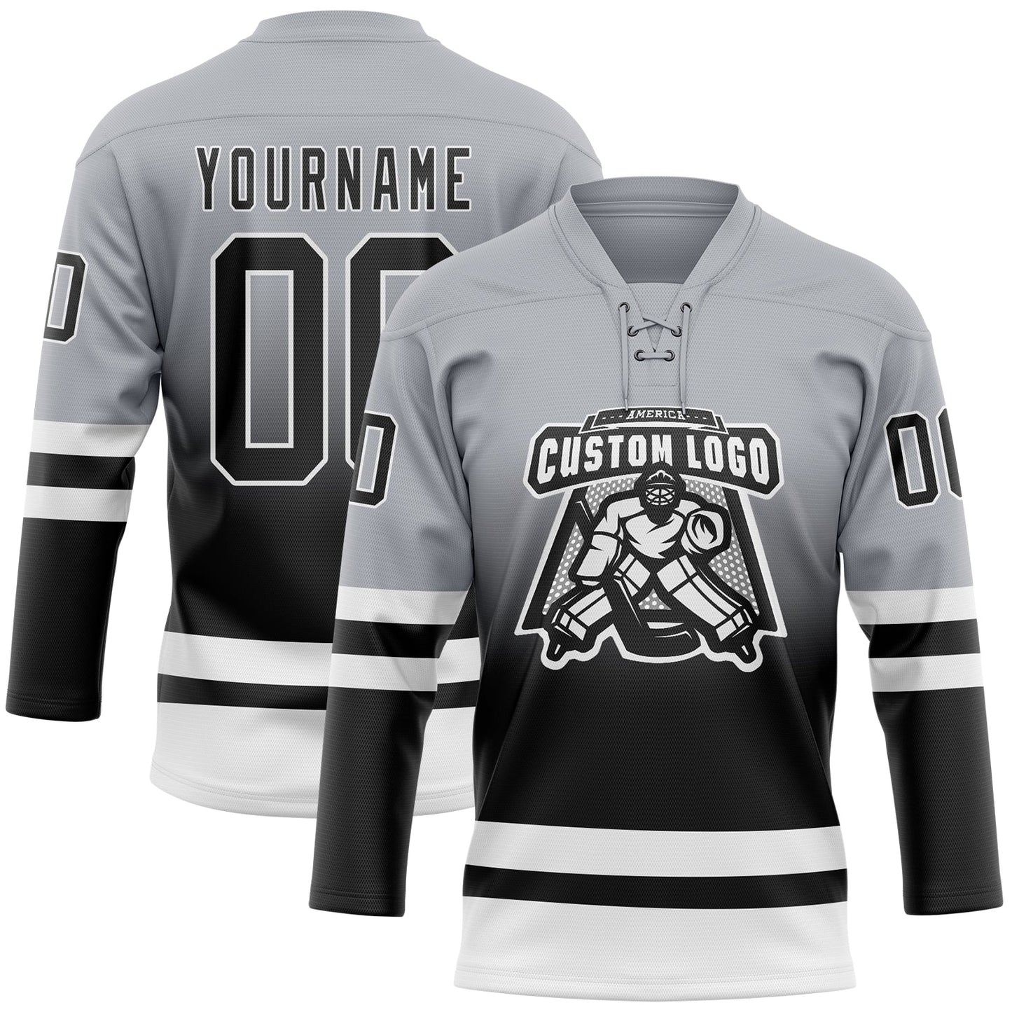 Custom Gray Black-White Fade Fashion Hockey Lace Neck Jersey view 2