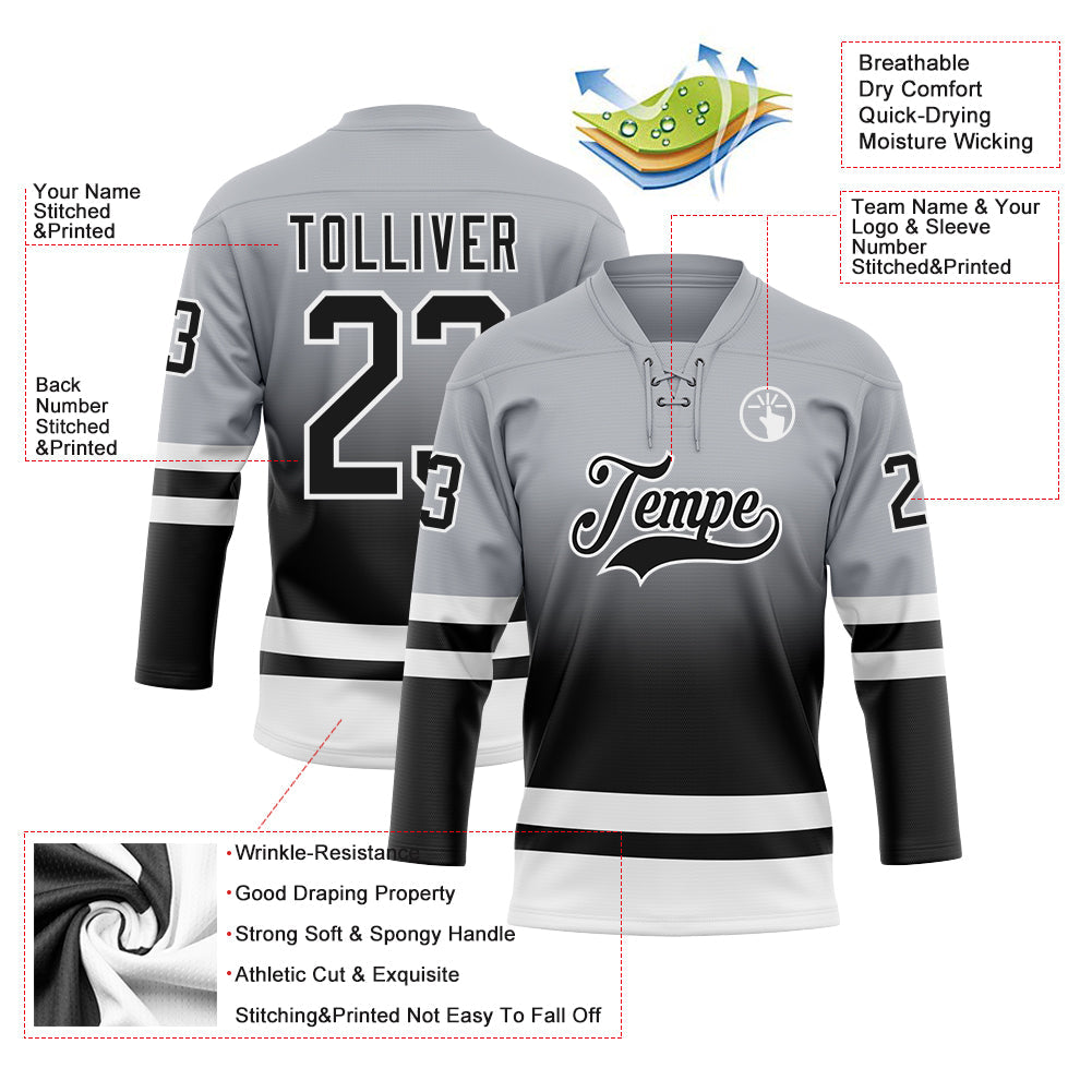 Custom Gray Black-White Fade Fashion Hockey Lace Neck Jersey view 5