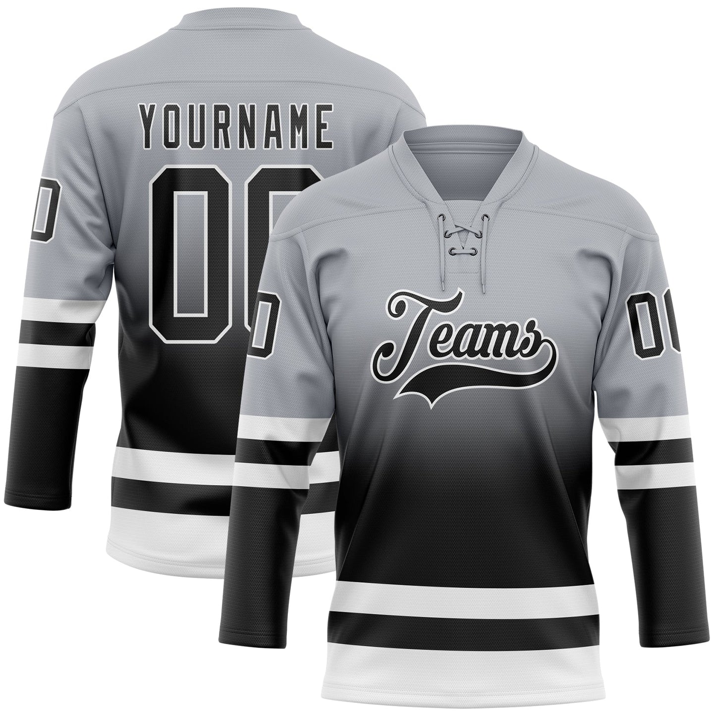 Custom Gray Black-White Fade Fashion Hockey Lace Neck Jersey - Main View
