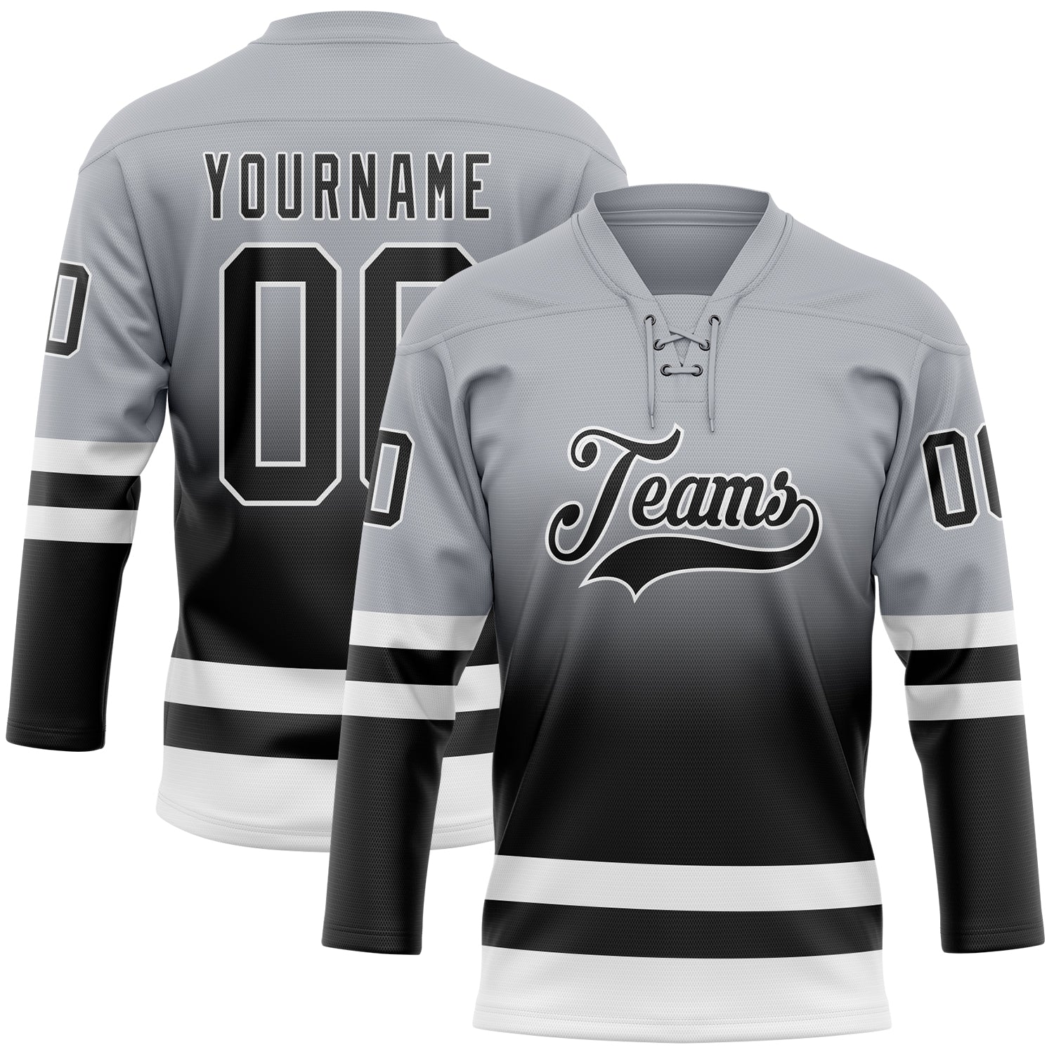 Custom Gray Black-White Fade Fashion Hockey Lace Neck Jersey - Main View