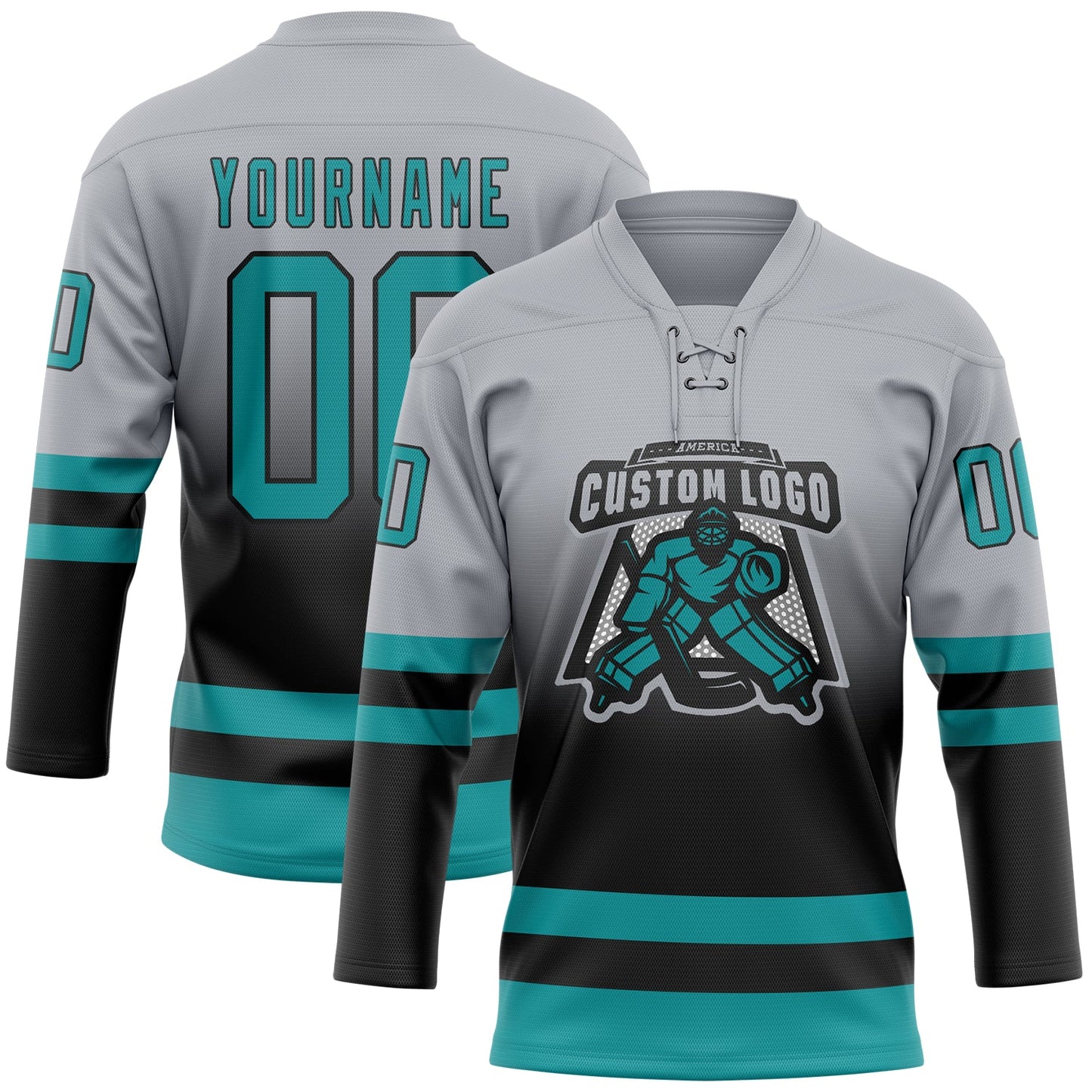 Custom Gray Teal-Black Fade Fashion Hockey Lace Neck Jersey view 2