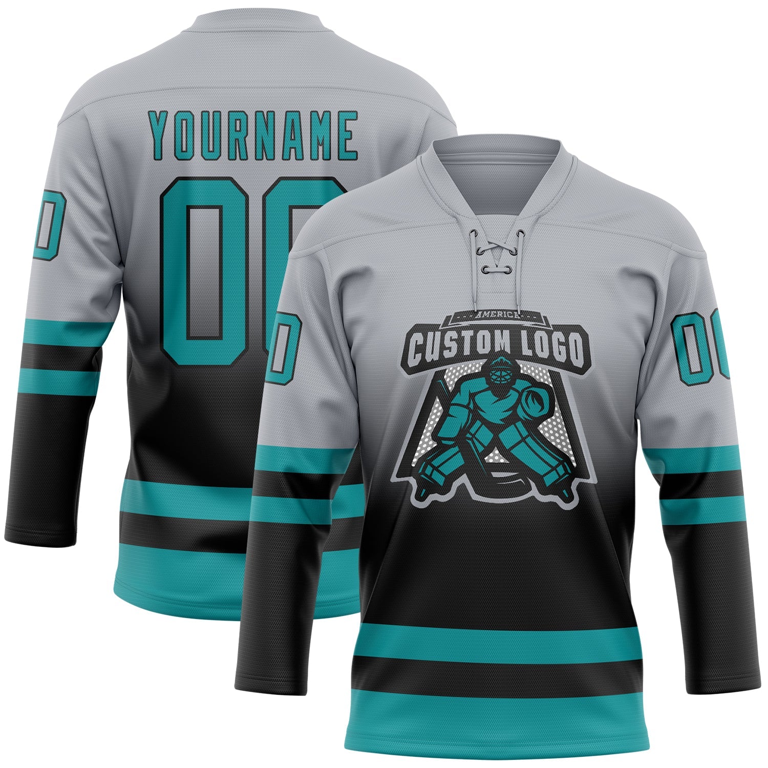 Custom Gray Teal-Black Fade Fashion Hockey Lace Neck Jersey view 2