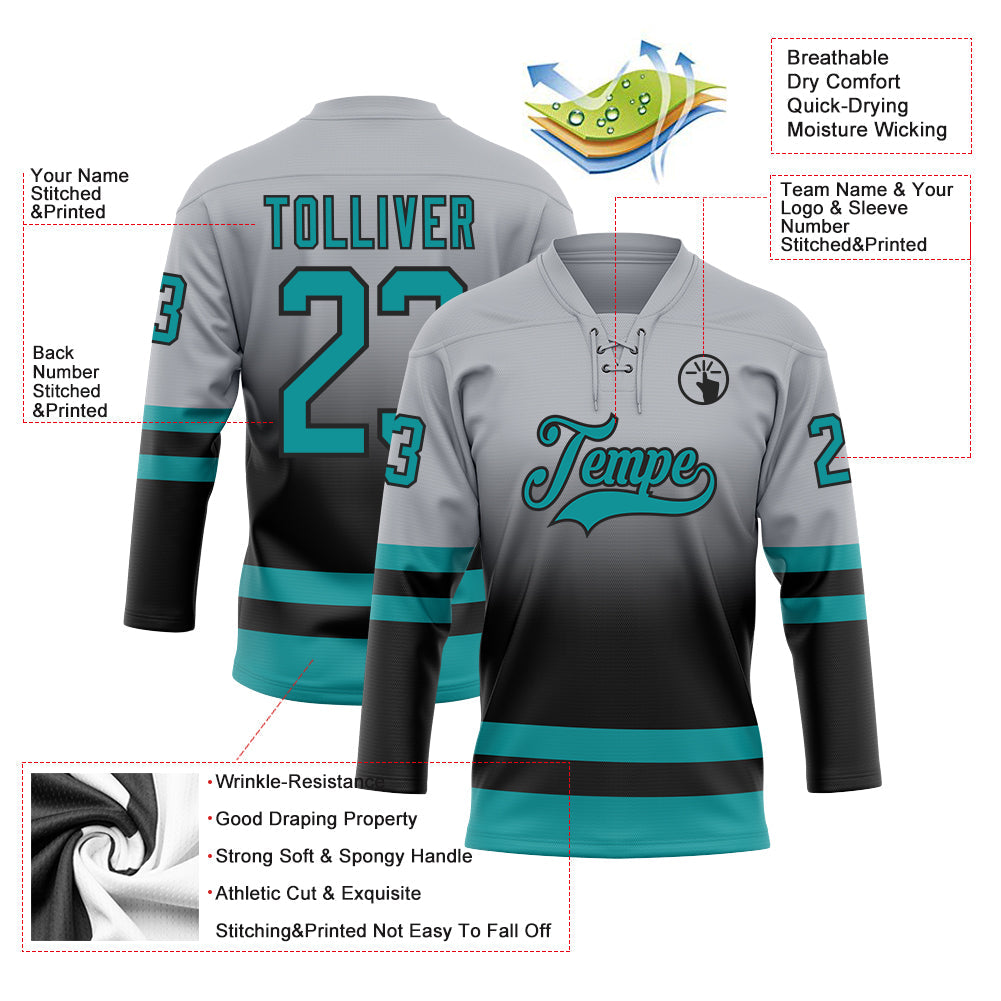 Custom Gray Teal-Black Fade Fashion Hockey Lace Neck Jersey view 5
