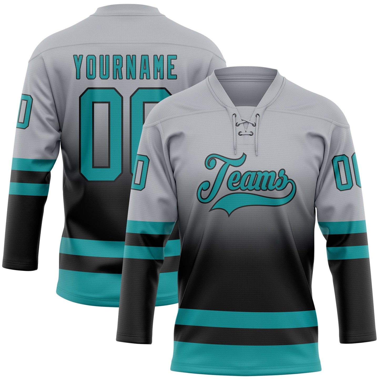 Custom Gray Teal-Black Fade Fashion Hockey Lace Neck Jersey - Main View