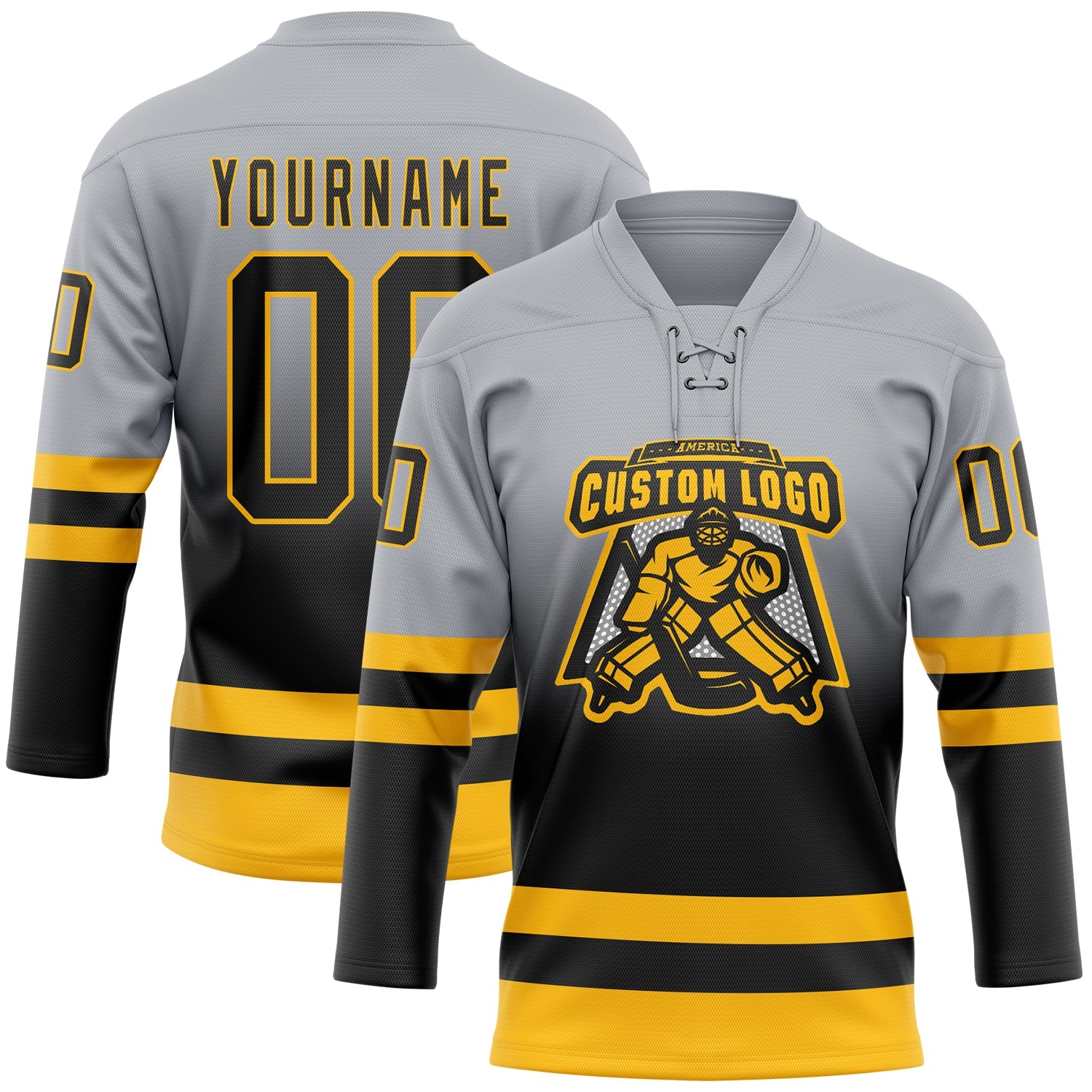 Custom Gray Black-Gold Fade Fashion Hockey Lace Neck Jersey view 2