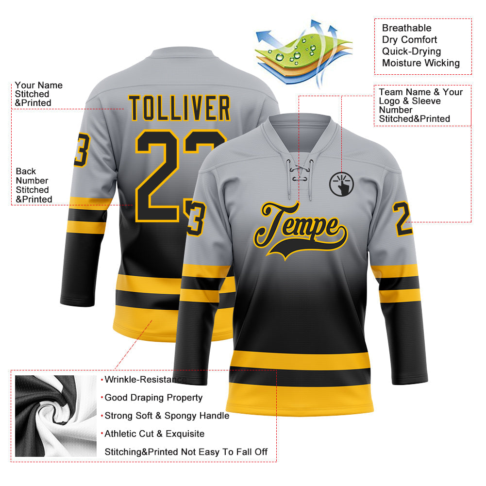 Custom Gray Black-Gold Fade Fashion Hockey Lace Neck Jersey view 5