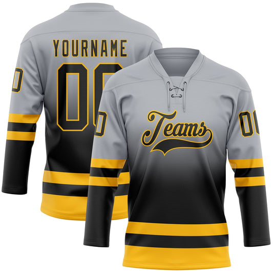 Custom Gray Black-Gold Fade Fashion Hockey Lace Neck Jersey - Main View