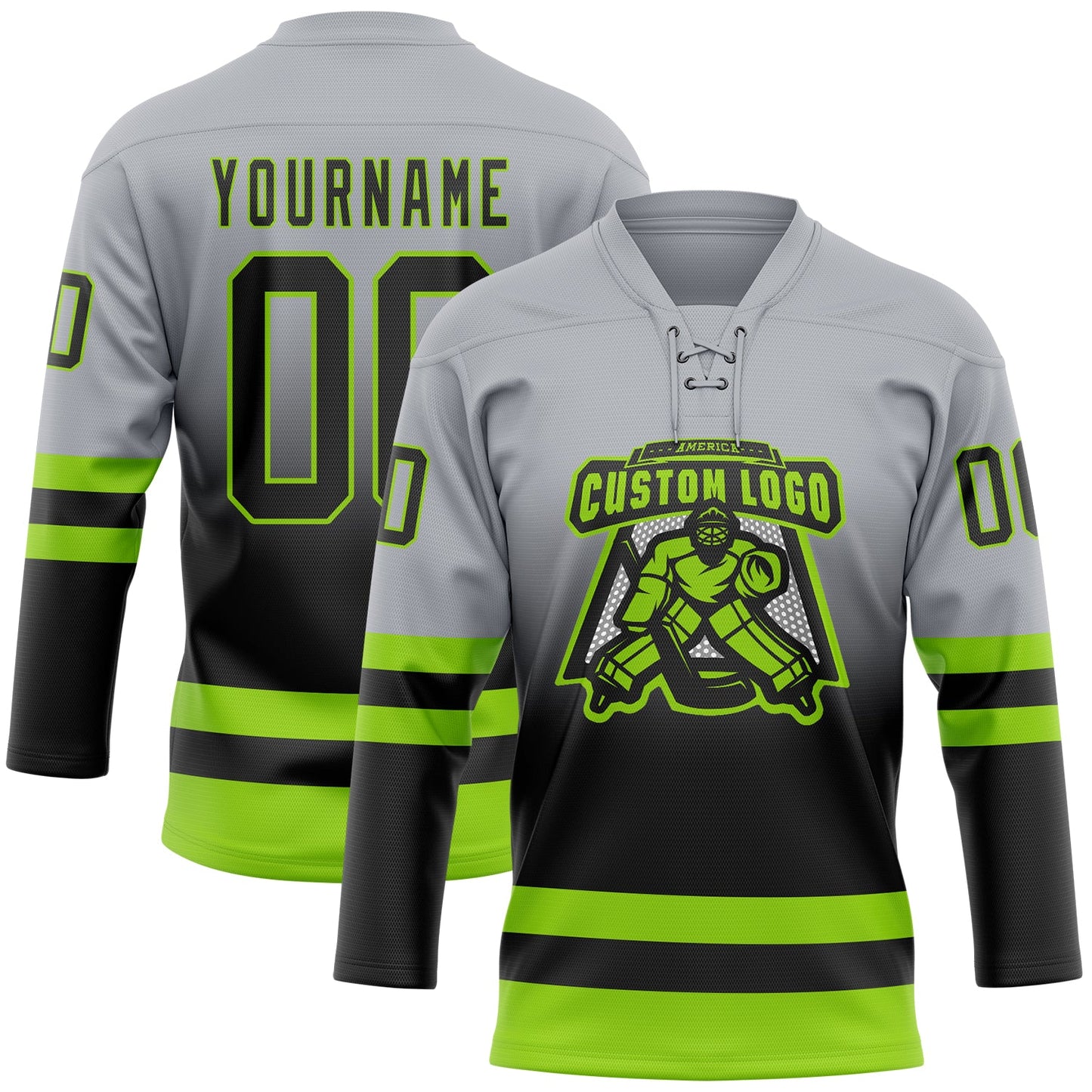 Custom Gray Black-Neon Green Fade Fashion Hockey Lace Neck Jersey view 2
