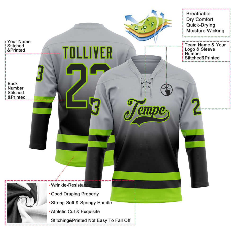 Custom Gray Black-Neon Green Fade Fashion Hockey Lace Neck Jersey view 5