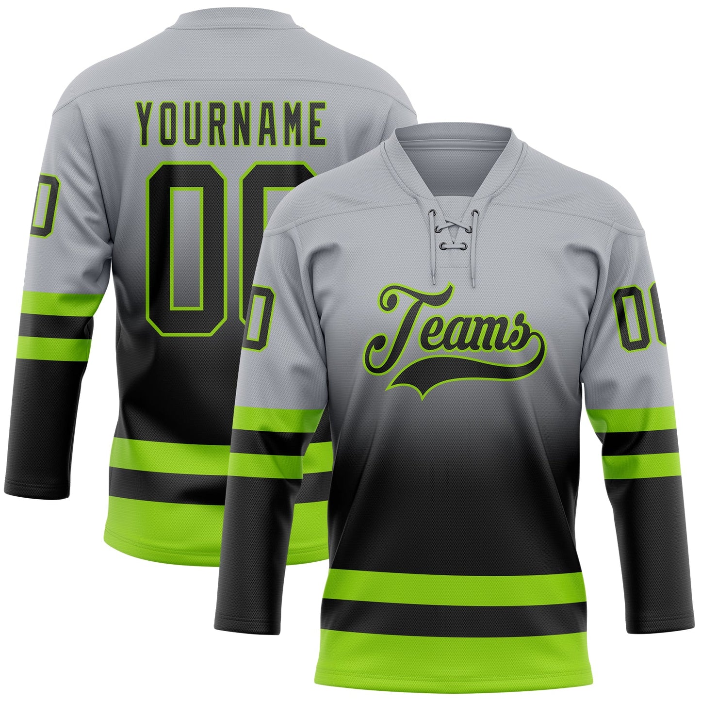 Custom Gray Black-Neon Green Fade Fashion Hockey Lace Neck Jersey - Main View