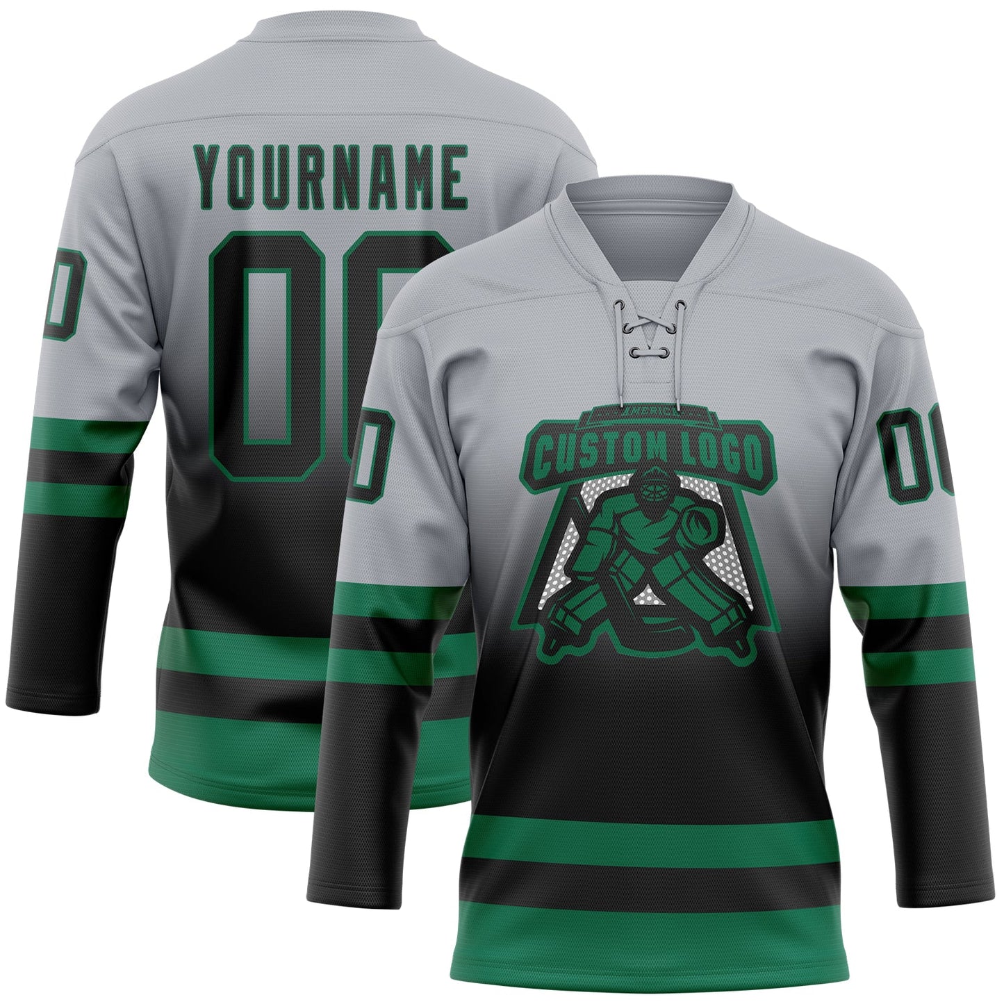 Custom Gray Black-Kelly Green Fade Fashion Hockey Lace Neck Jersey view 2