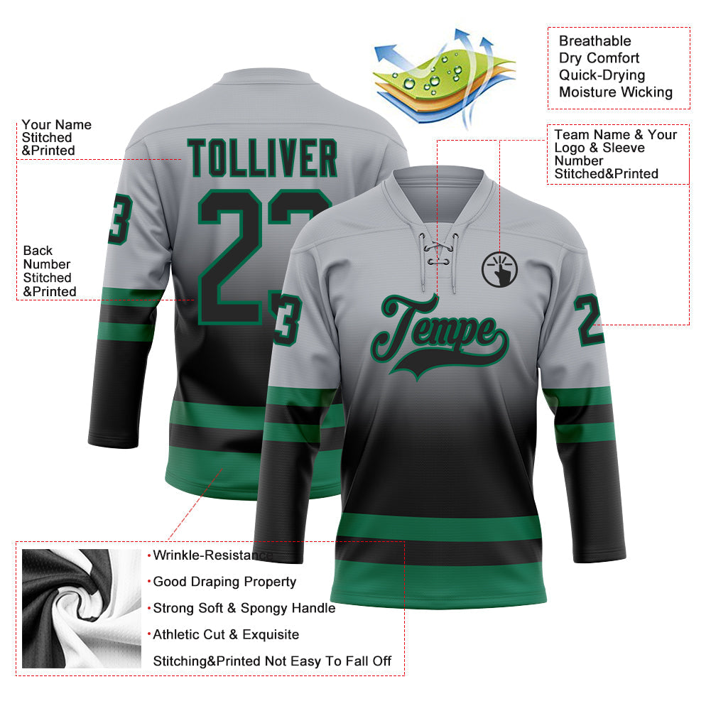 Custom Gray Black-Kelly Green Fade Fashion Hockey Lace Neck Jersey view 5