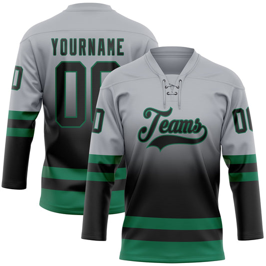 Custom Gray Black-Kelly Green Fade Fashion Hockey Lace Neck Jersey - Main View