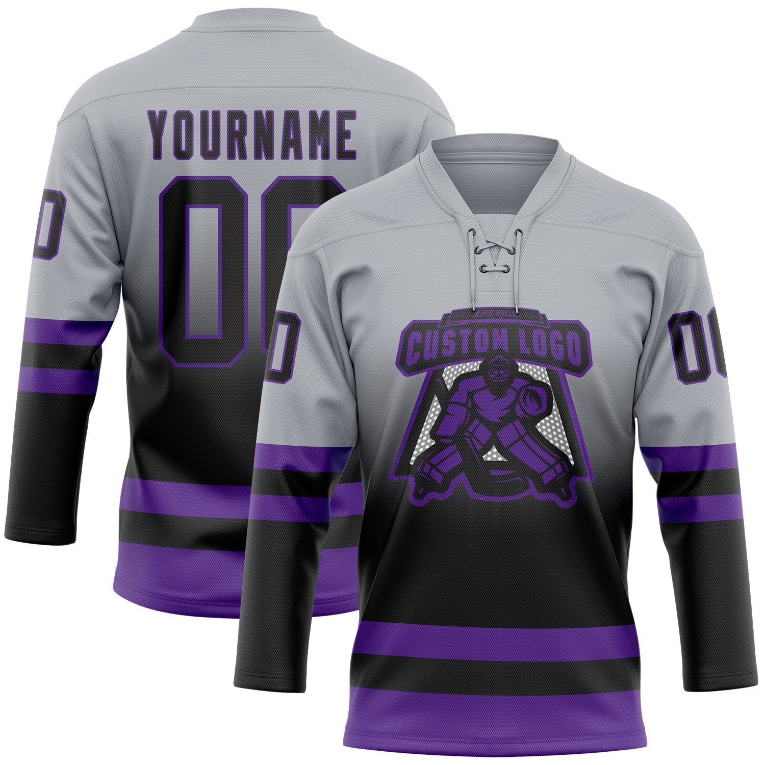 Custom Gray Black-Purple Fade Fashion Hockey Lace Neck Jersey view 2