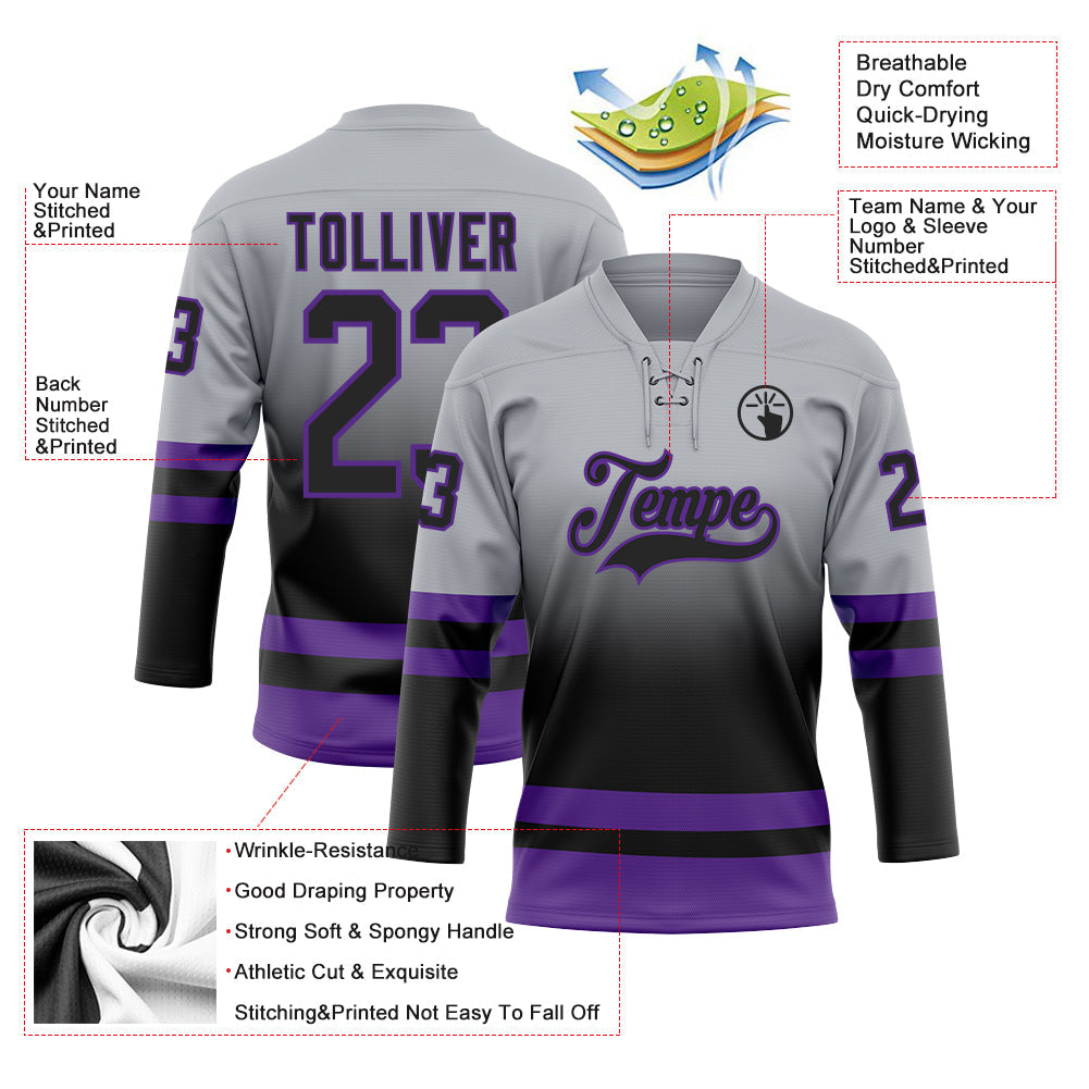 Custom Gray Black-Purple Fade Fashion Hockey Lace Neck Jersey view 5