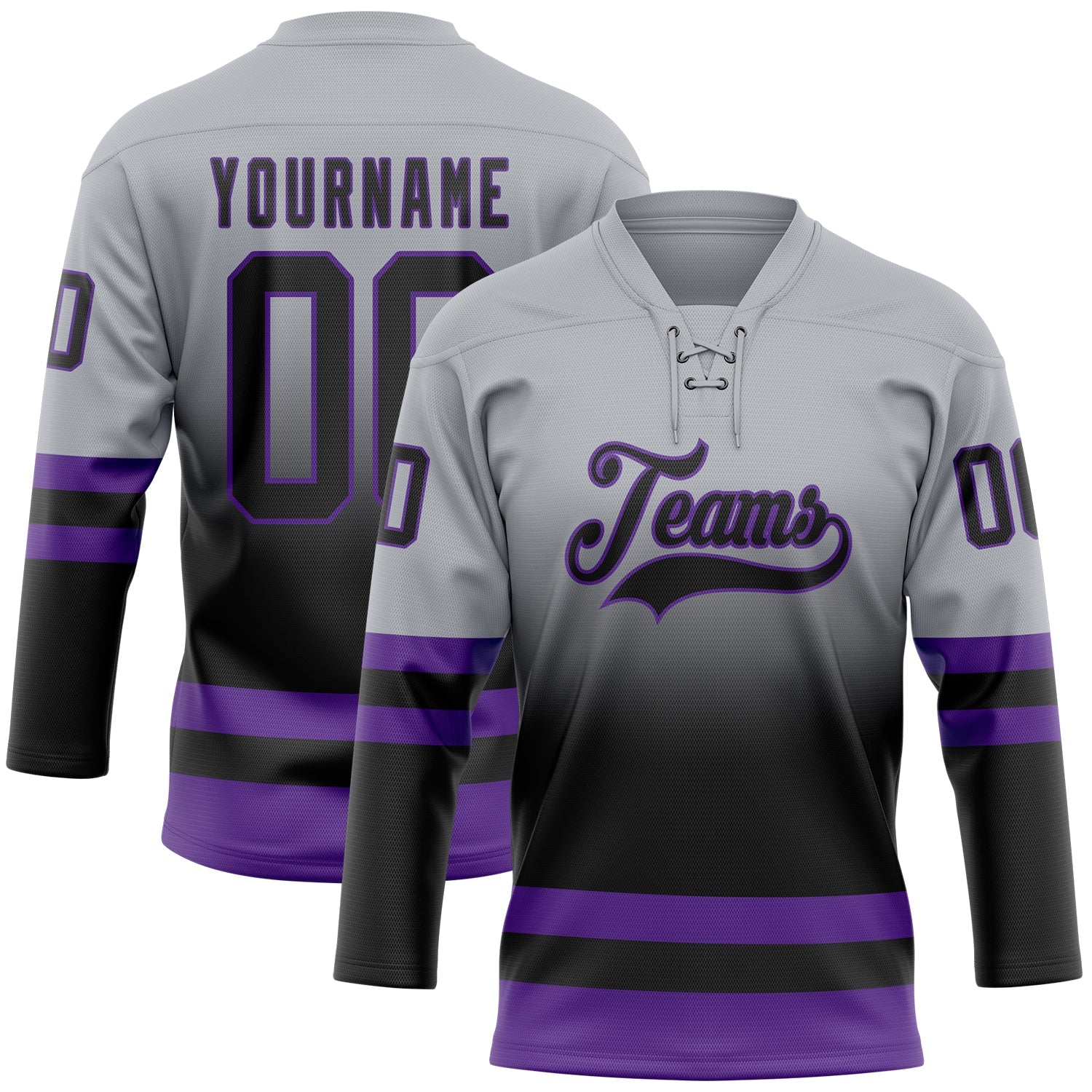 Custom Gray Black-Purple Fade Fashion Hockey Lace Neck Jersey - Main View