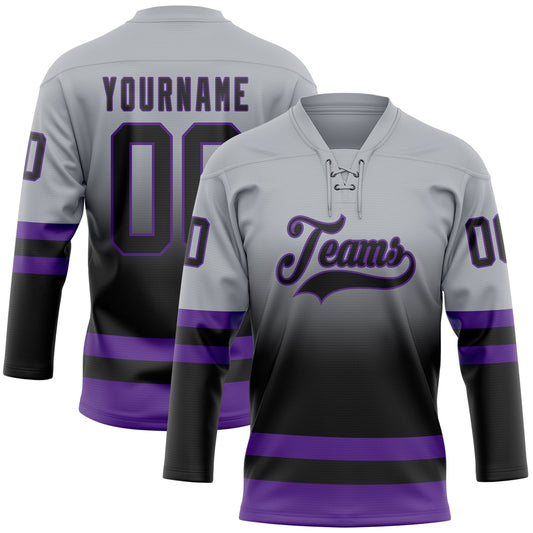 Custom Gray Black-Purple Fade Fashion Hockey Lace Neck Jersey - Main View