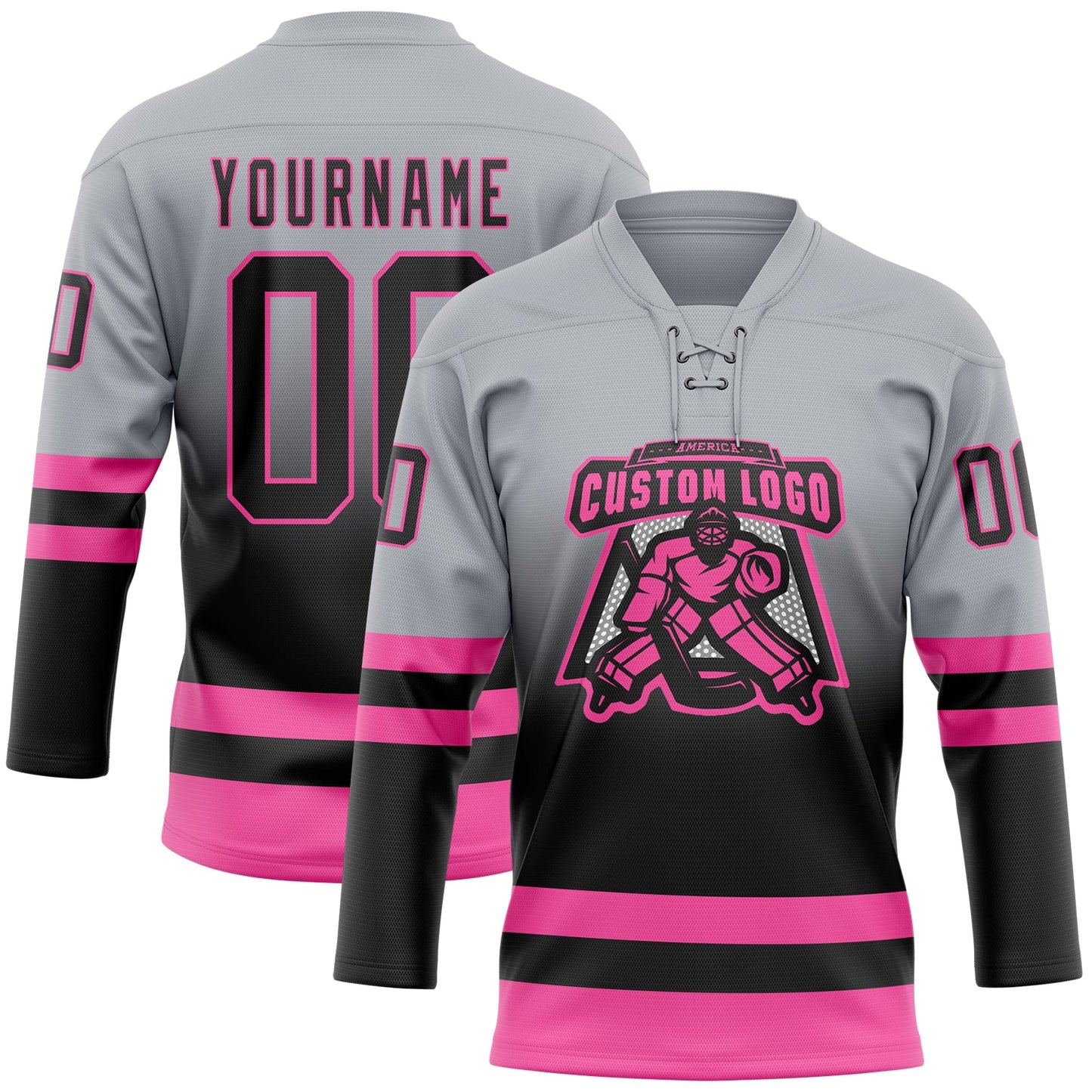Custom Gray Black-Pink Fade Fashion Hockey Lace Neck Jersey view 2