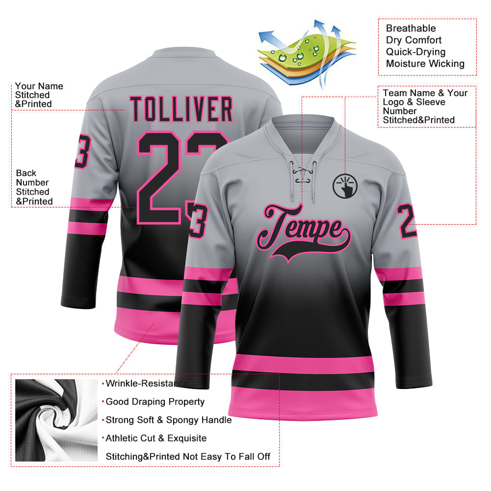 Custom Gray Black-Pink Fade Fashion Hockey Lace Neck Jersey view 5