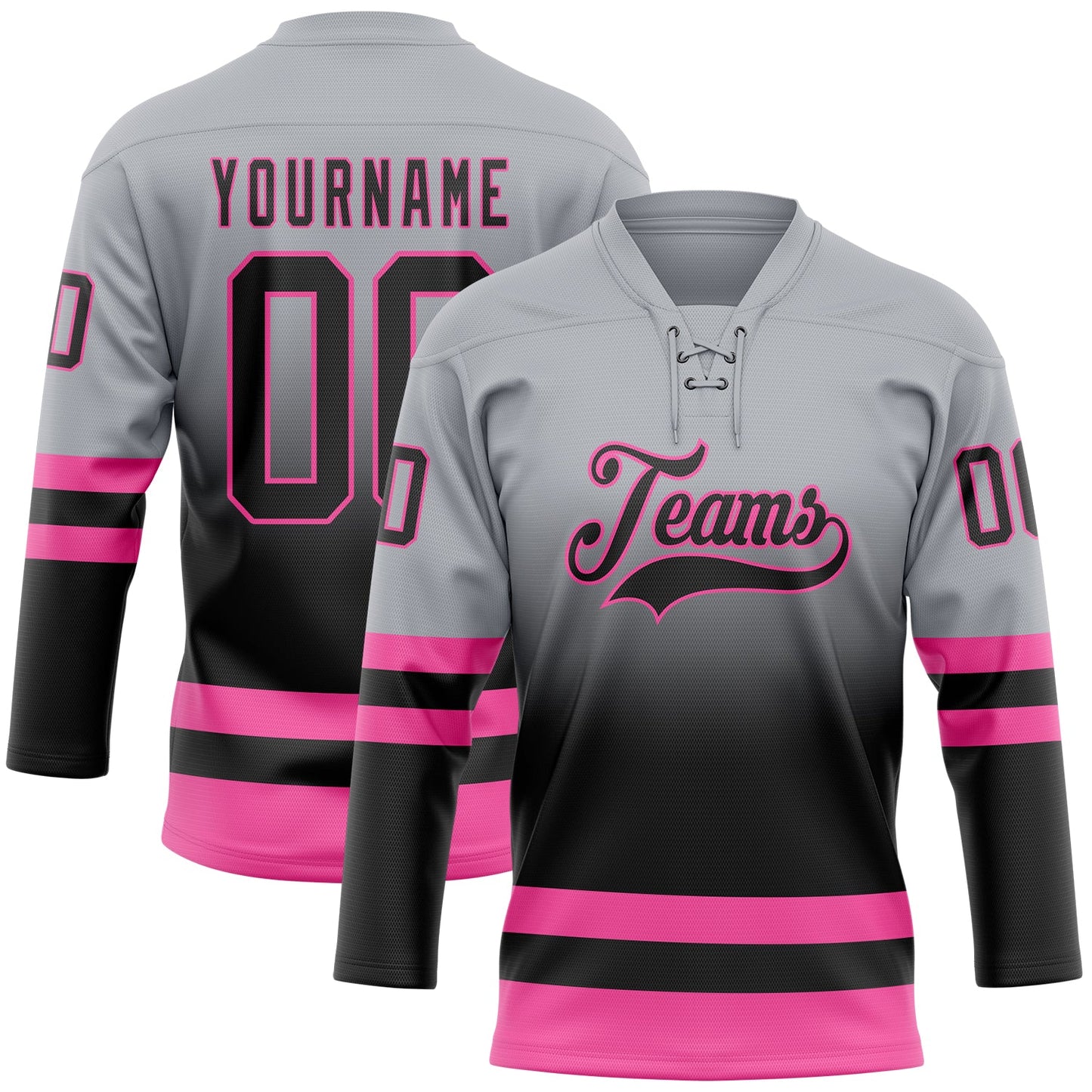 Custom Gray Black-Pink Fade Fashion Hockey Lace Neck Jersey - Main View