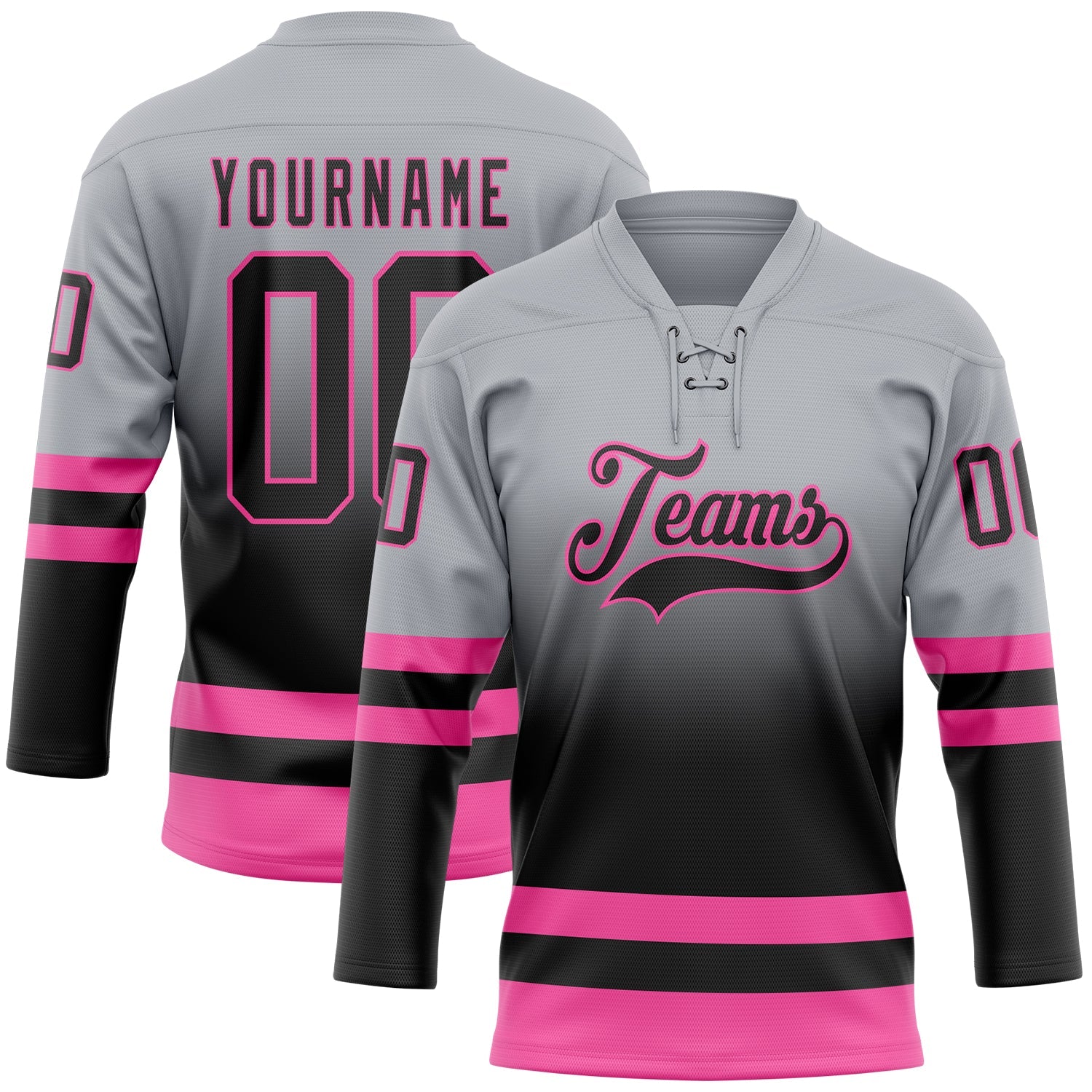 Custom Gray Black-Pink Fade Fashion Hockey Lace Neck Jersey - Main View