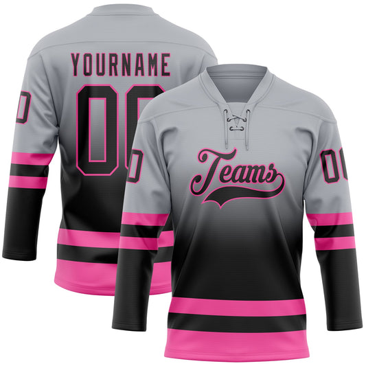 Custom Gray Black-Pink Fade Fashion Hockey Lace Neck Jersey - Main View