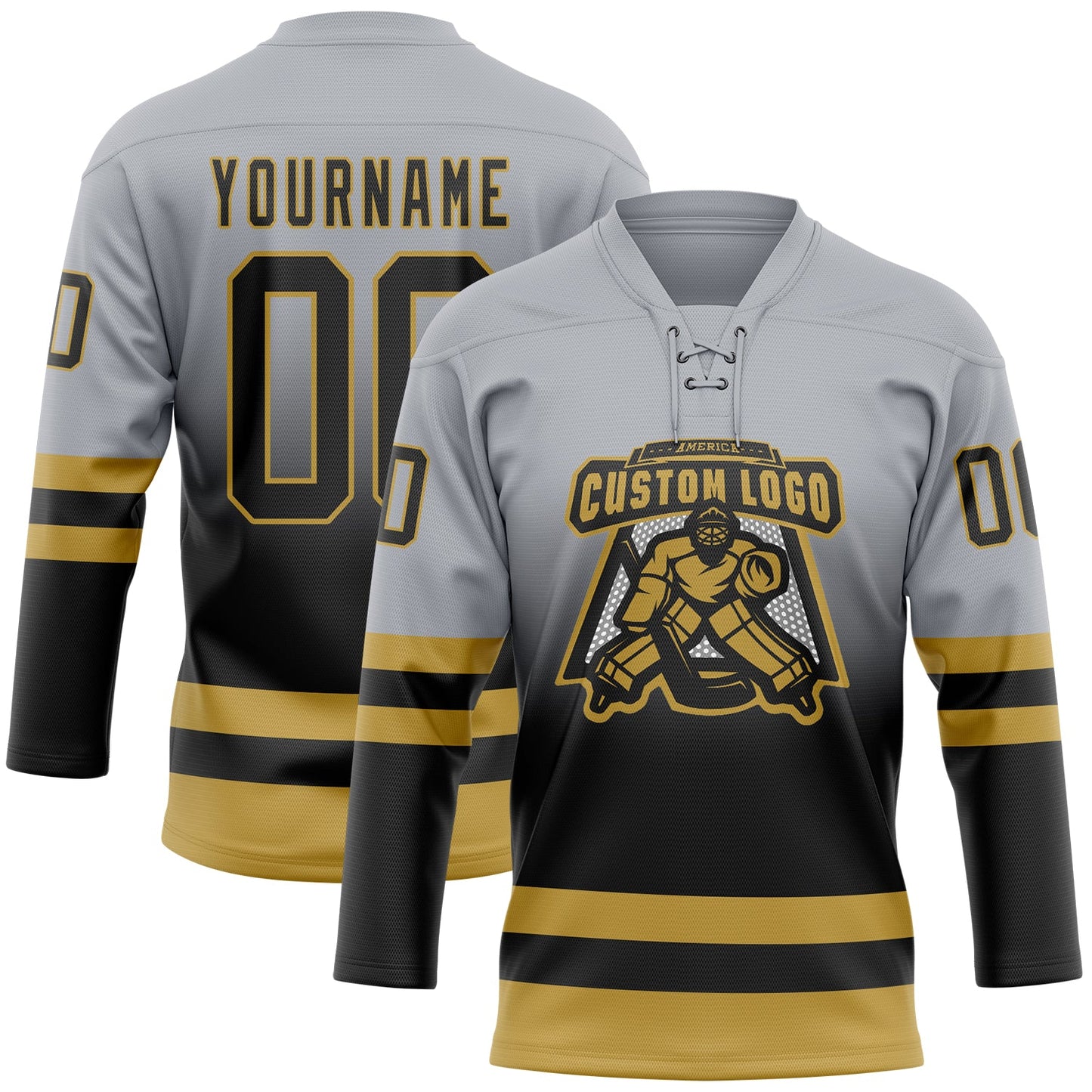 Custom Gray Black-Old Gold Fade Fashion Hockey Lace Neck Jersey view 2