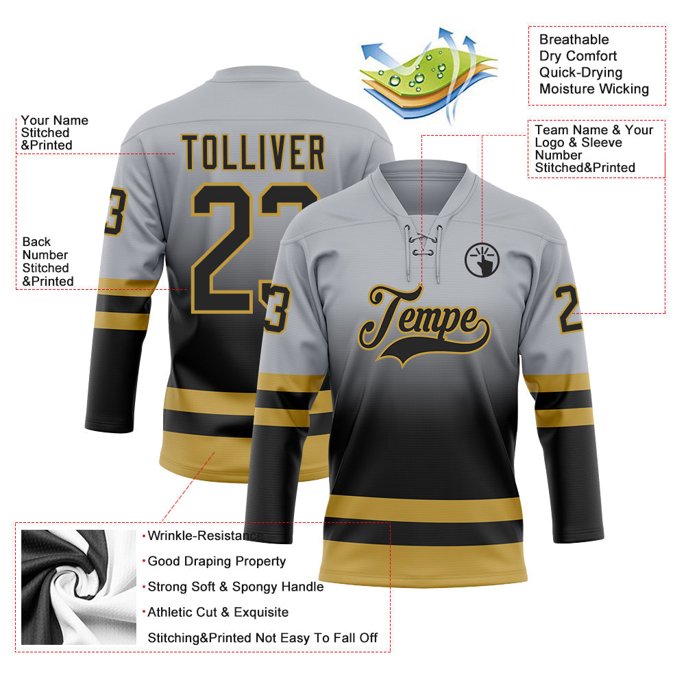 Custom Gray Black-Old Gold Fade Fashion Hockey Lace Neck Jersey view 5