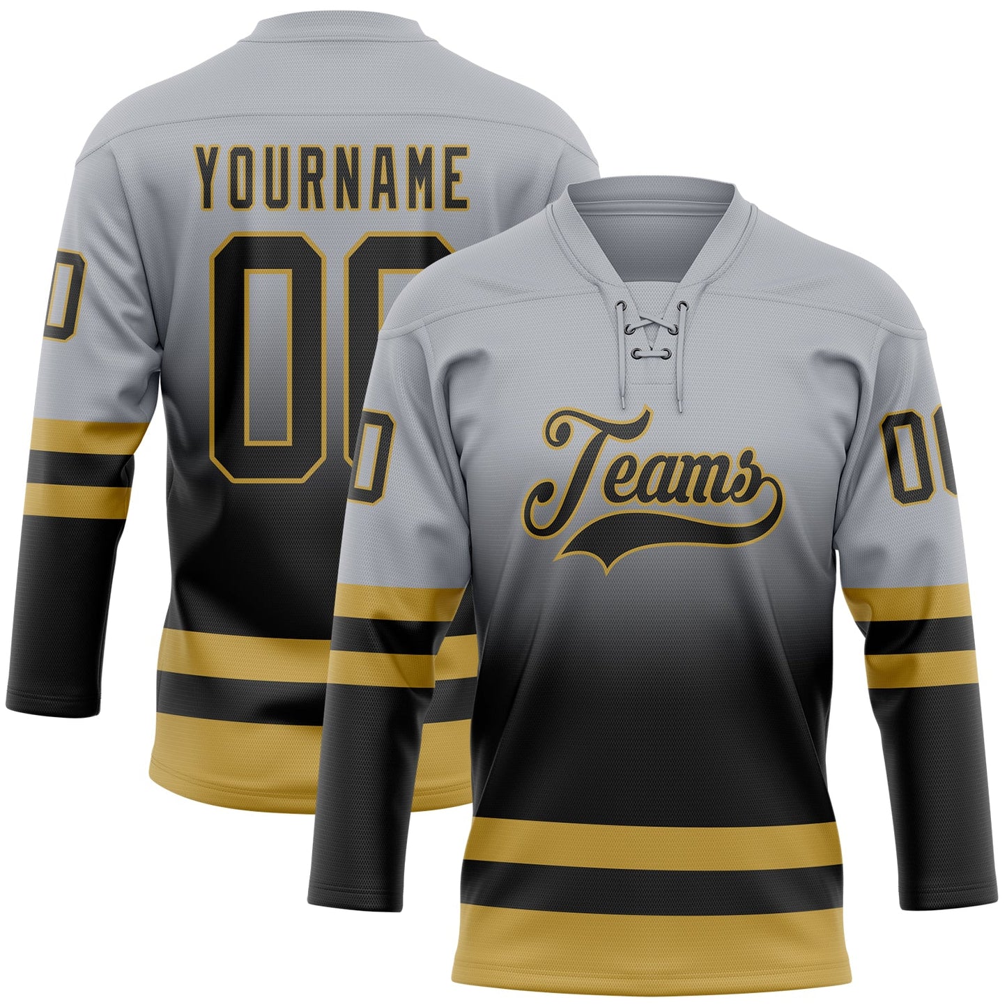 Custom Gray Black-Old Gold Fade Fashion Hockey Lace Neck Jersey - Main View