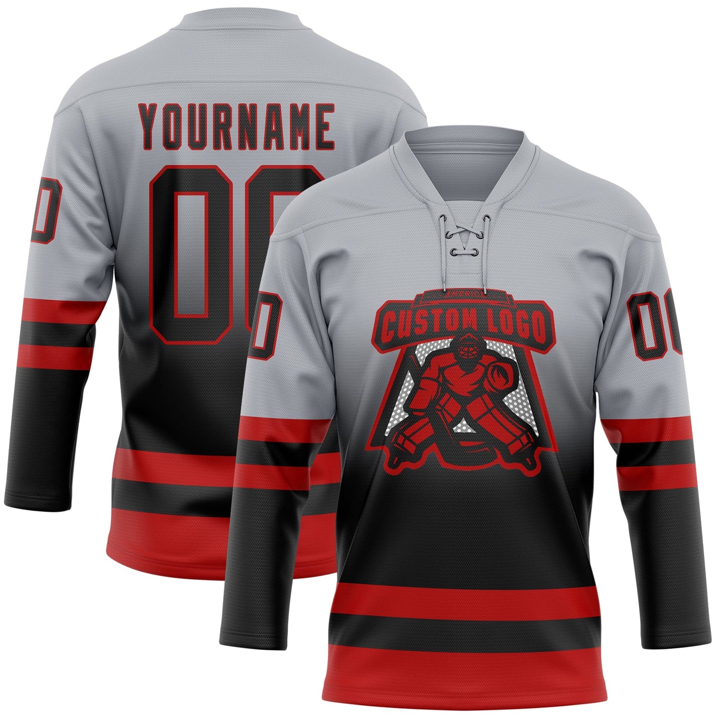 Custom Gray Black-Red Fade Fashion Hockey Lace Neck Jersey view 2