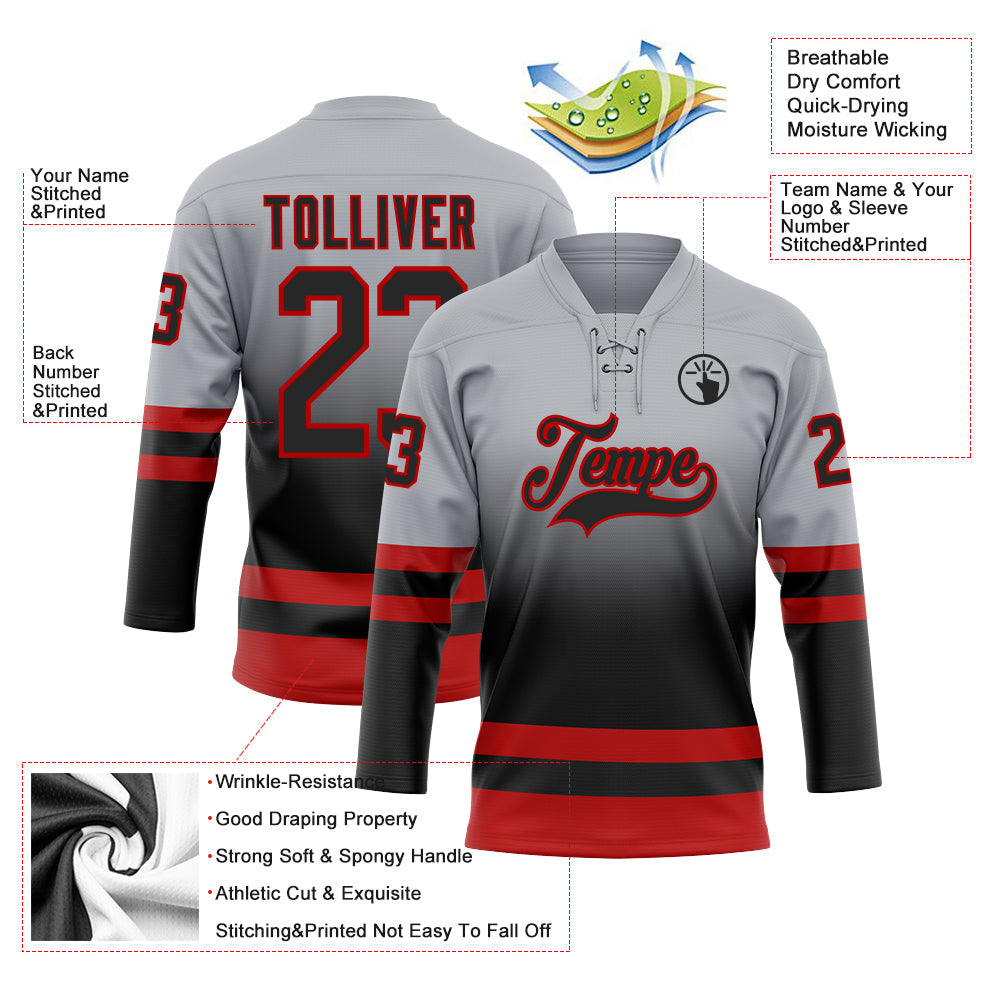Custom Gray Black-Red Fade Fashion Hockey Lace Neck Jersey view 5