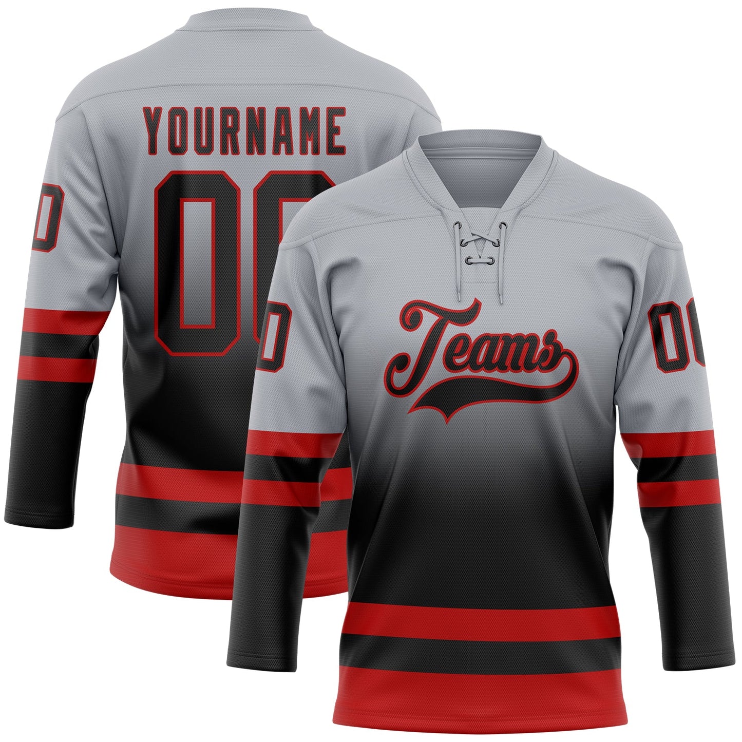 Custom Gray Black-Red Fade Fashion Hockey Lace Neck Jersey - Main View