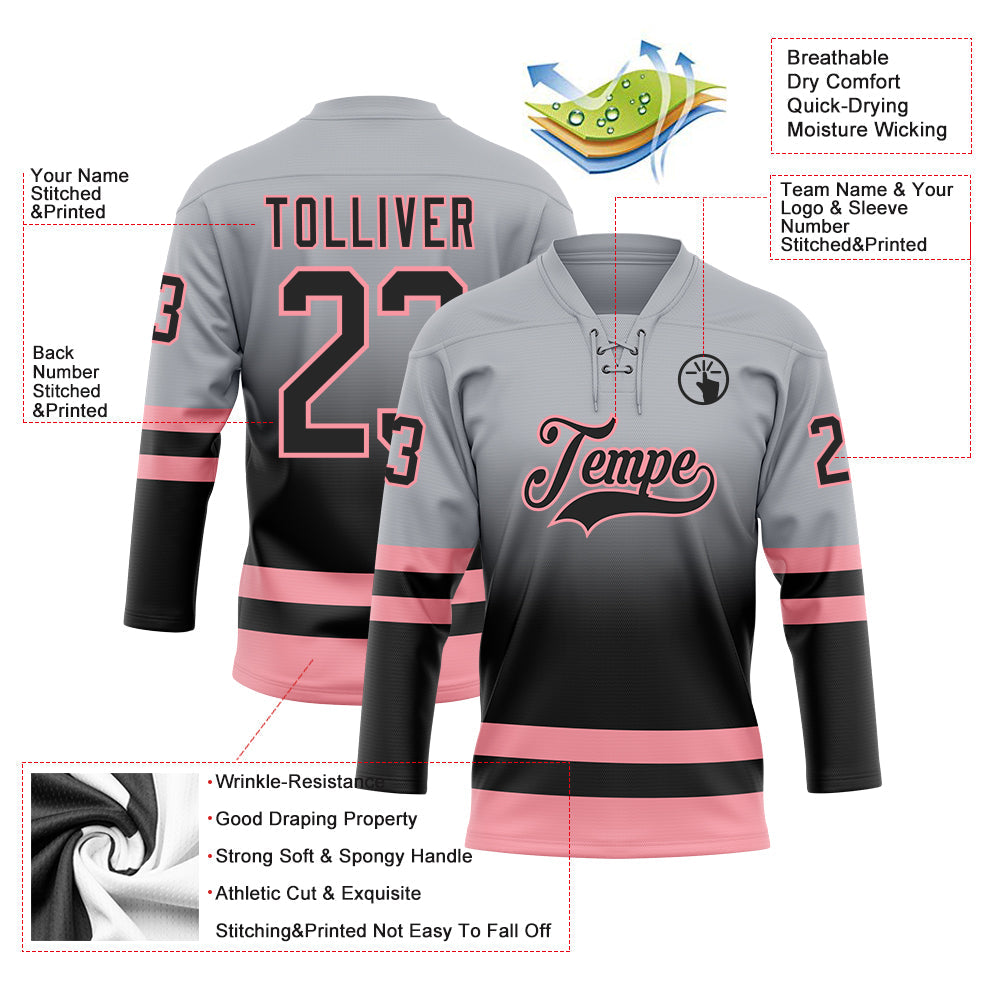 Custom Gray Black-Medium Pink Fade Fashion Hockey Lace Neck Jersey view 5