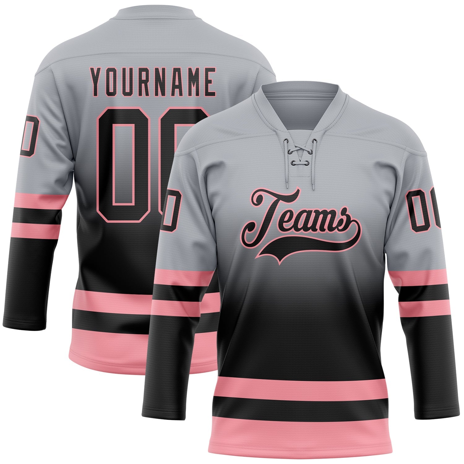 Custom Gray Black-Medium Pink Fade Fashion Hockey Lace Neck Jersey - Main View