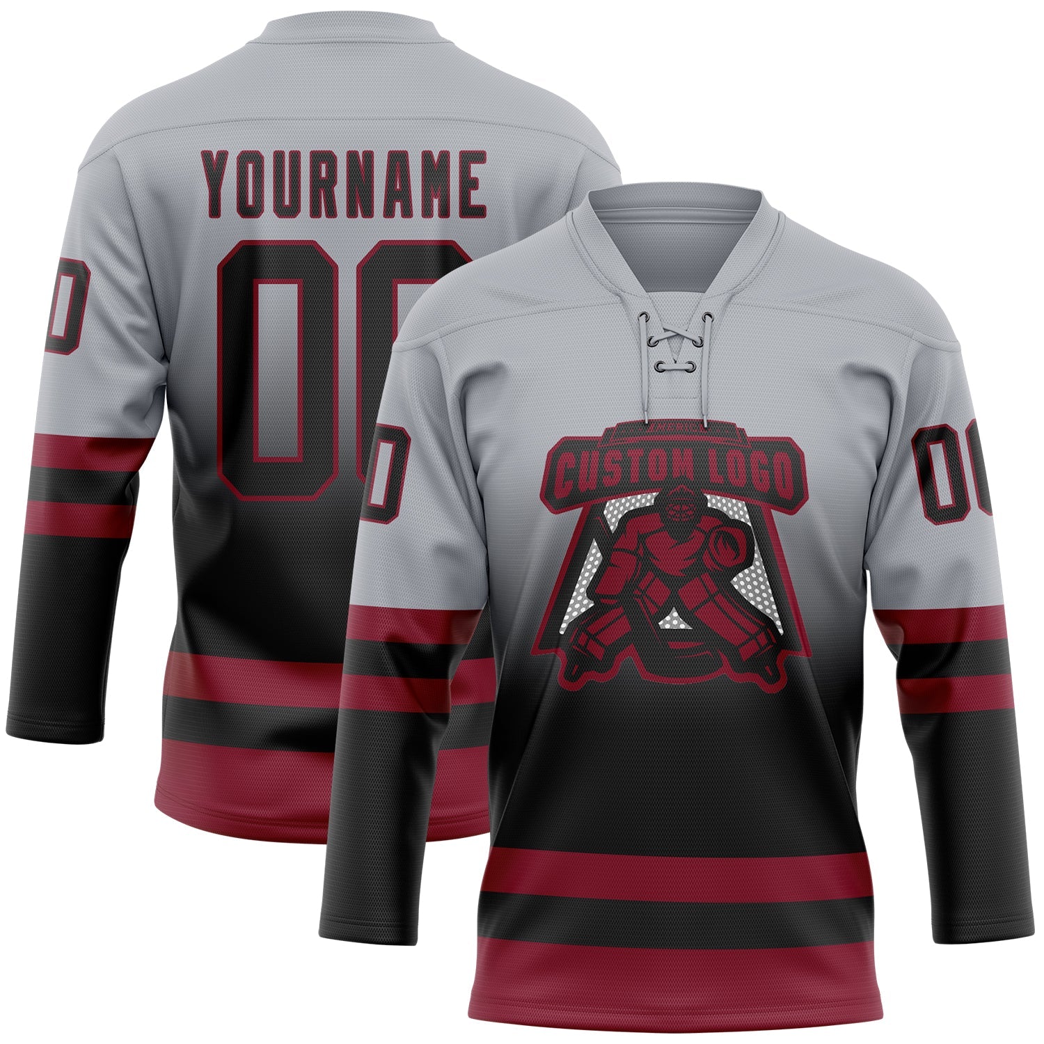 Custom Gray Black-Crimson Fade Fashion Hockey Lace Neck Jersey view 2