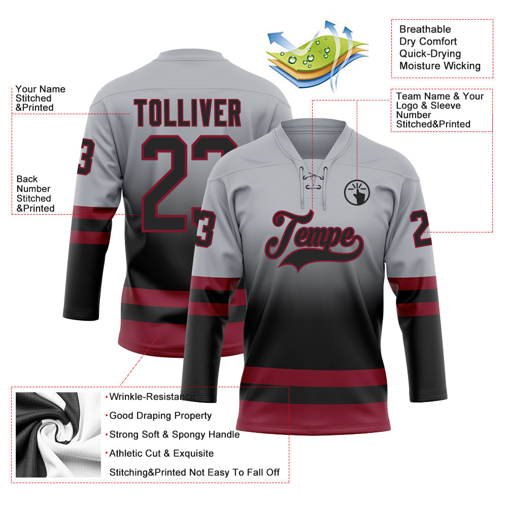 Custom Gray Black-Crimson Fade Fashion Hockey Lace Neck Jersey view 5