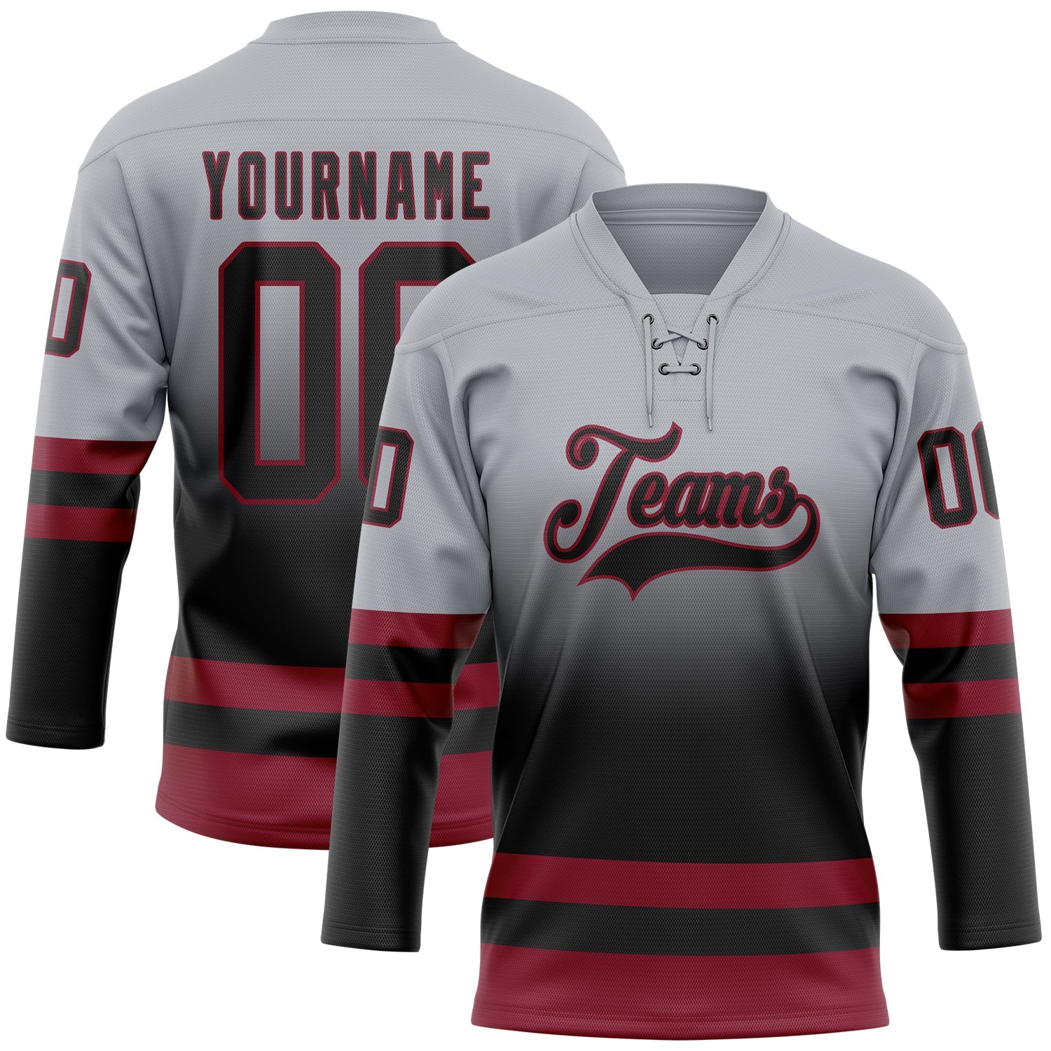 Custom Gray Black-Crimson Fade Fashion Hockey Lace Neck Jersey - Main View
