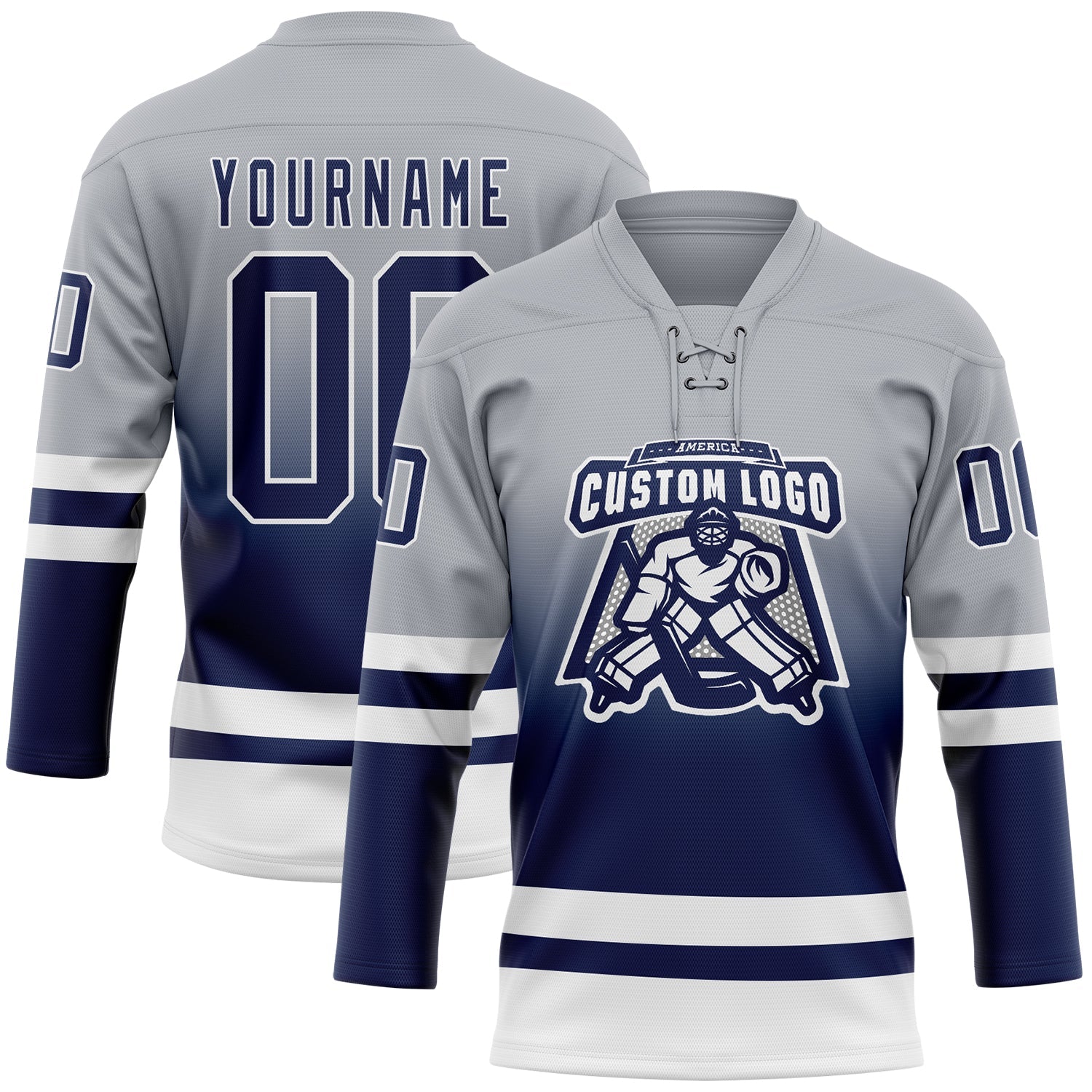 Custom Gray Navy-White Fade Fashion Hockey Lace Neck Jersey view 2