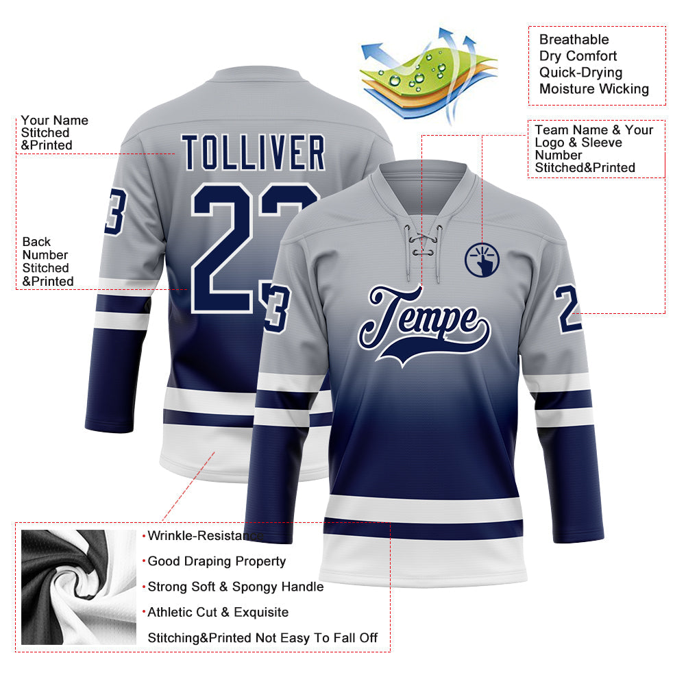 Custom Gray Navy-White Fade Fashion Hockey Lace Neck Jersey view 5
