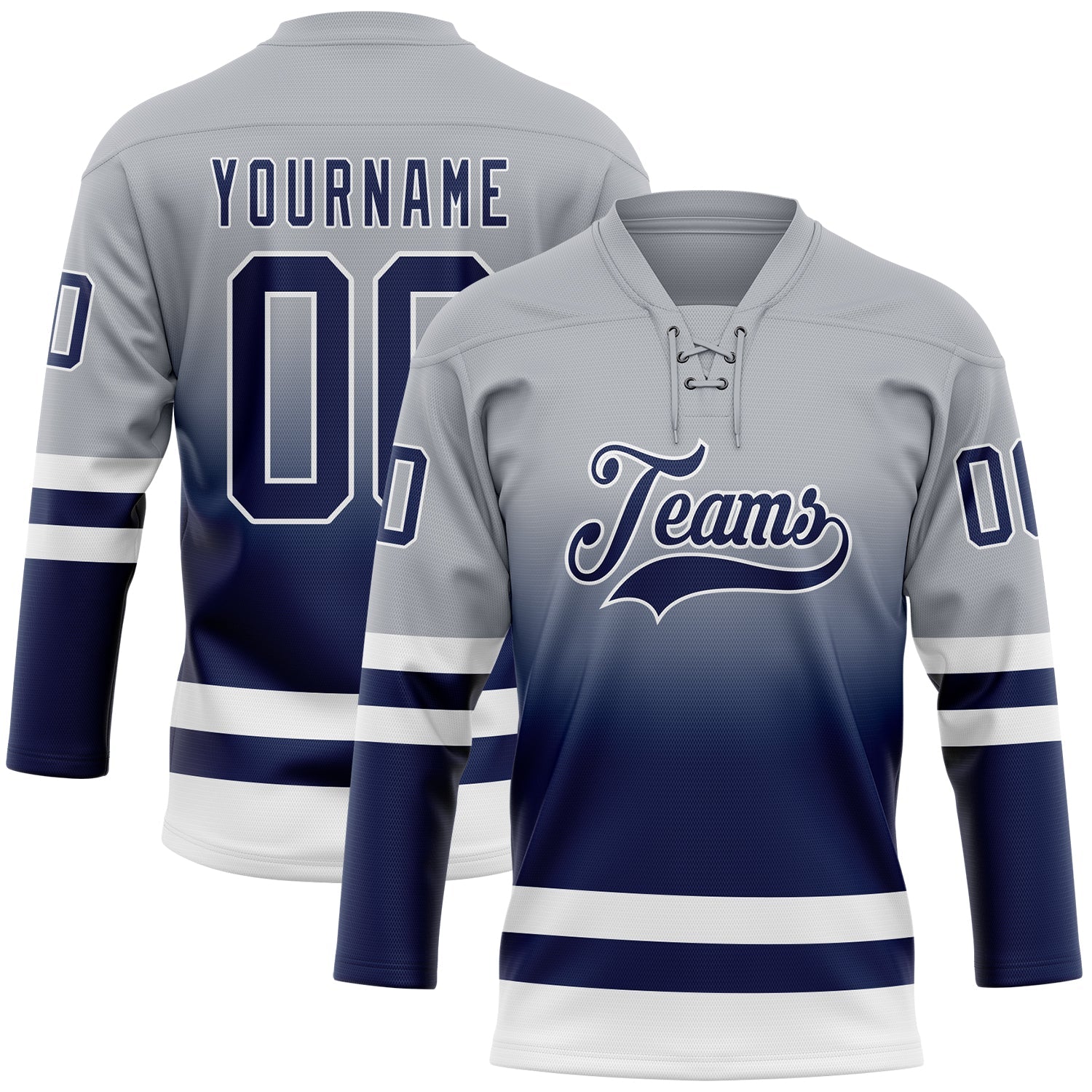 Custom Gray Navy-White Fade Fashion Hockey Lace Neck Jersey - Main View