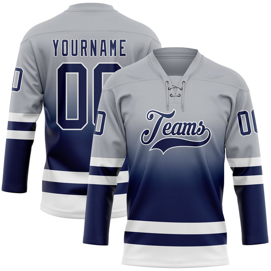 Custom Gray Navy-White Fade Fashion Hockey Lace Neck Jersey - Main View