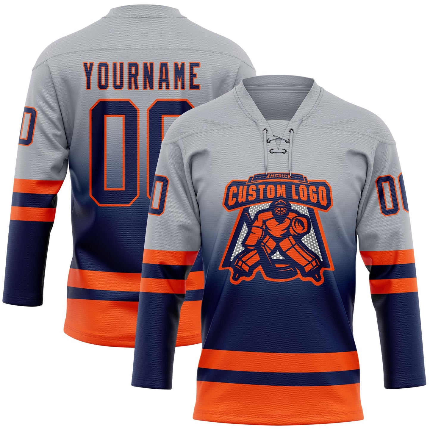 Custom Gray Navy-Orange Fade Fashion Hockey Lace Neck Jersey view 2