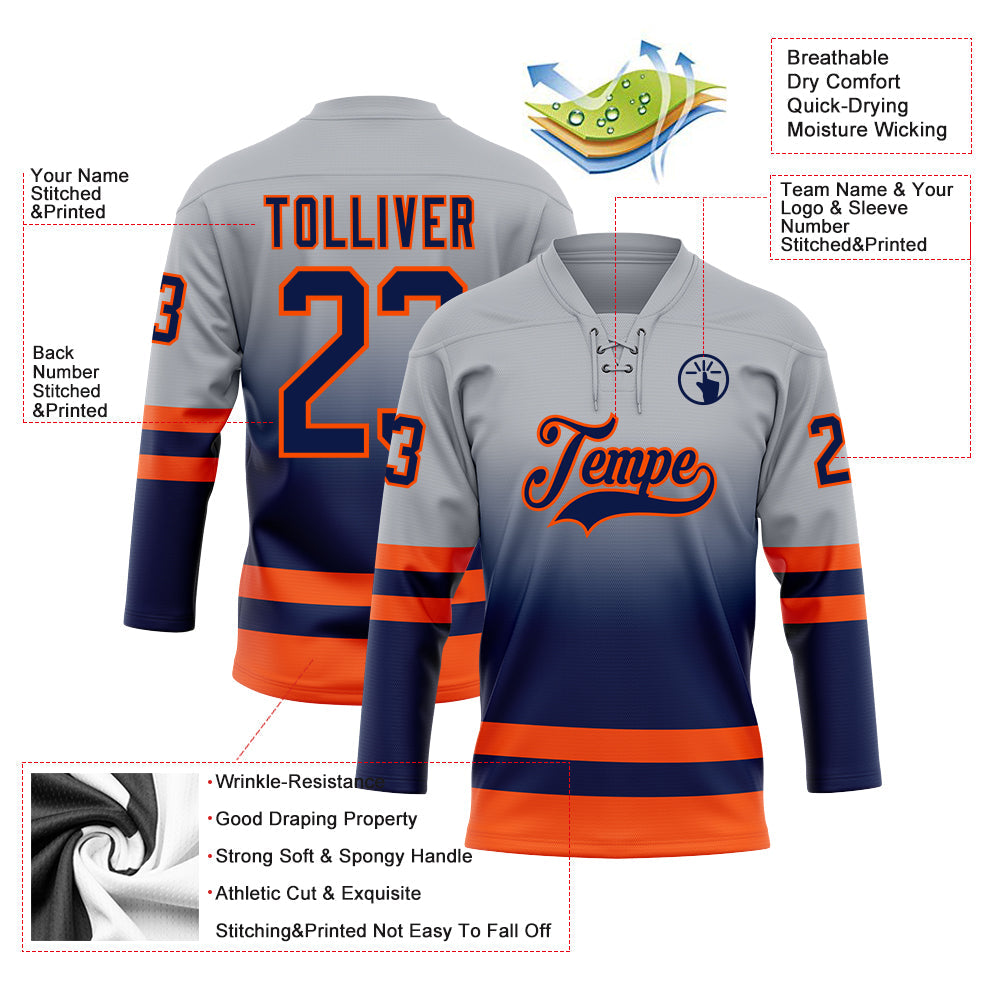 Custom Gray Navy-Orange Fade Fashion Hockey Lace Neck Jersey view 5