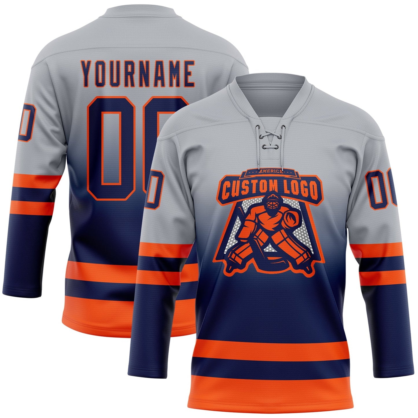 Custom Gray Navy-Orange Fade Fashion Hockey Lace Neck Jersey - Main View