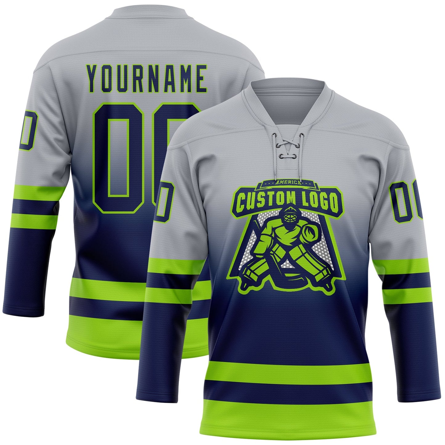 Custom Gray Navy-Neon Green Fade Fashion Hockey Lace Neck Jersey view 2