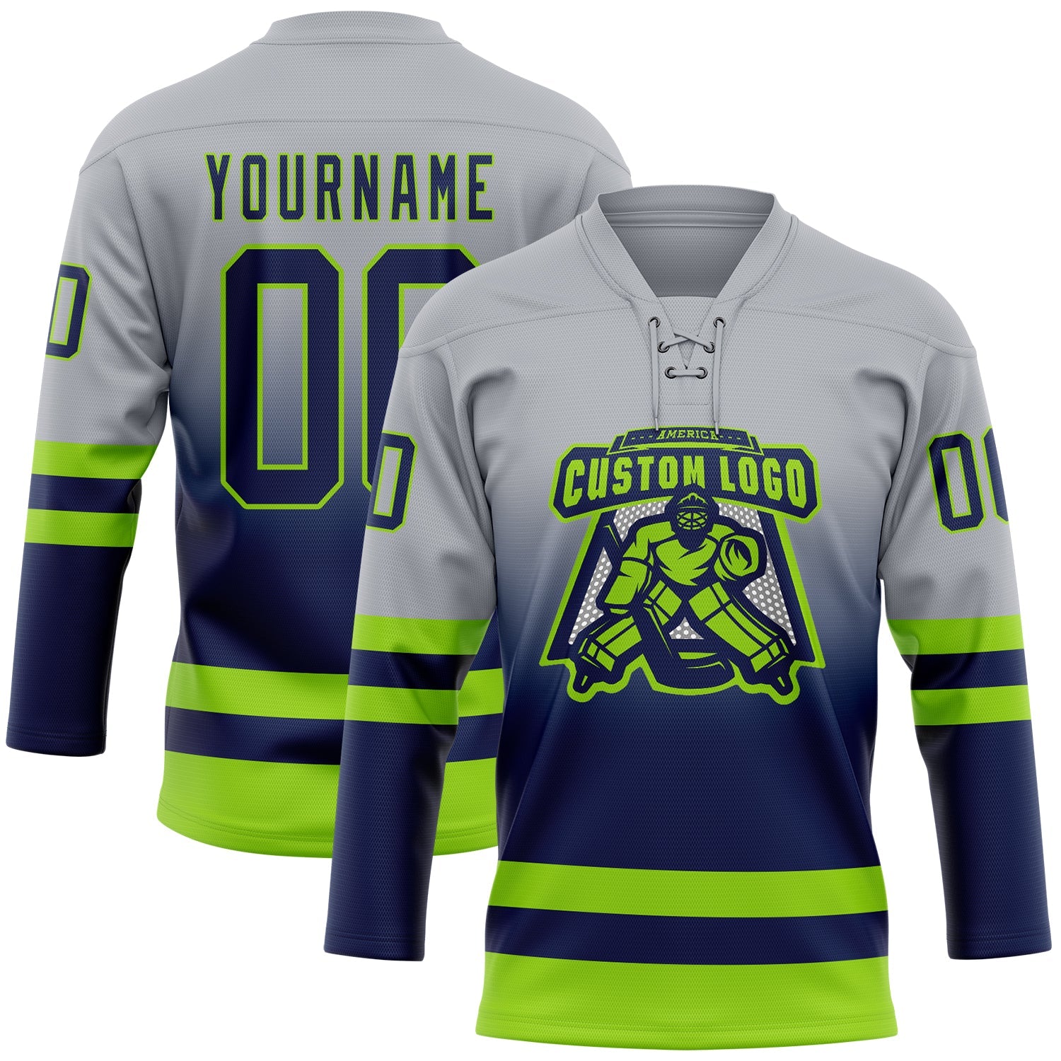 Custom Gray Navy-Neon Green Fade Fashion Hockey Lace Neck Jersey view 2