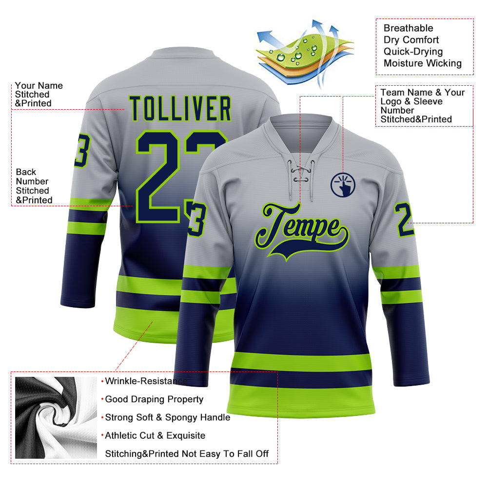 Custom Gray Navy-Neon Green Fade Fashion Hockey Lace Neck Jersey view 5