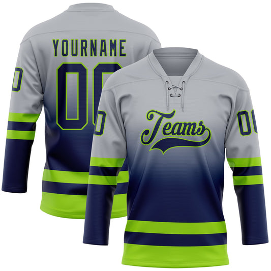 Custom Gray Navy-Neon Green Fade Fashion Hockey Lace Neck Jersey - Main View
